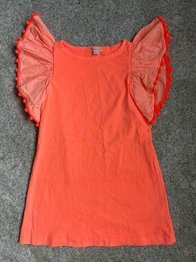 Crewcuts neon orange Pom Trim Flutter Sleeve dress